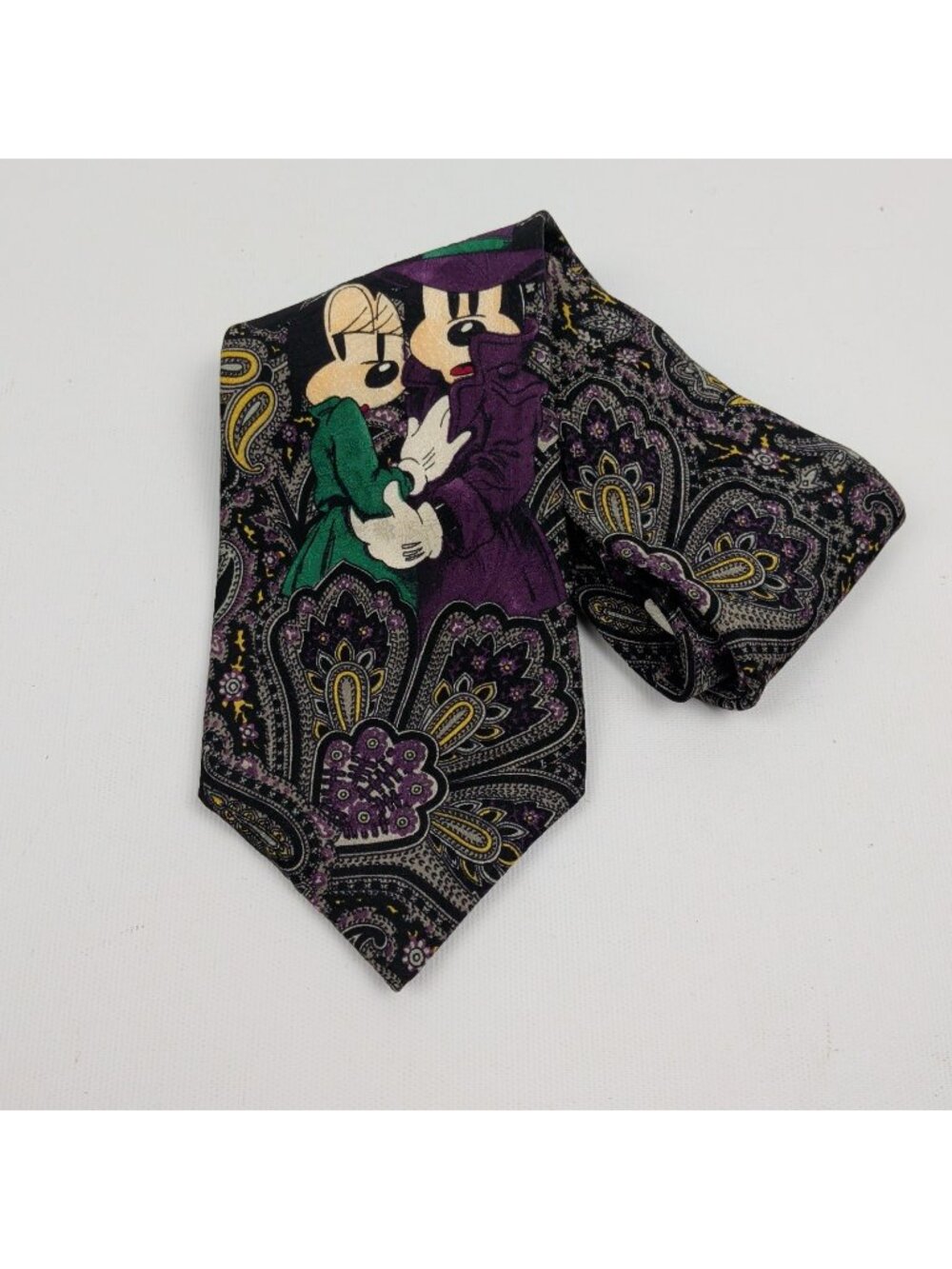 Vintage Disney Store Silk Tie Detective Mickey & Minnie Purple Paisley Retro